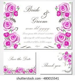 Vector invitation with pink roses for wedding, marriage, birthday, Valentine's day.