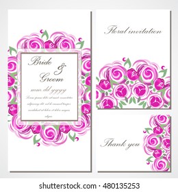 Vector invitation with pink roses for wedding, marriage, birthday, Valentine's day.