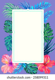 vector invitation with place for text. tropical flowers and exotic leaves. beautiful hand drawn elements. 
