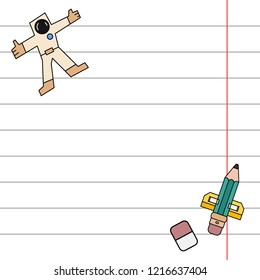 Vector invitation postcard, letter. School notebook sheet, pencil. Imagination, office supplies, space rocket, cute astronaut adventure. Holiday paper label. Thematic badge sale design illustration.