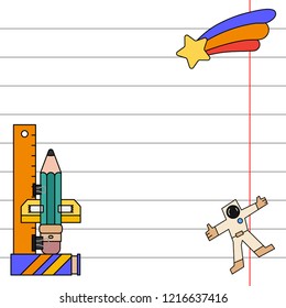 Vector invitation postcard, letter. School notebook sheet, pencil. Imagination, office supplies space rocket, cute astronaut adventure. Holiday paper label. Thematic badge sale design illustration.