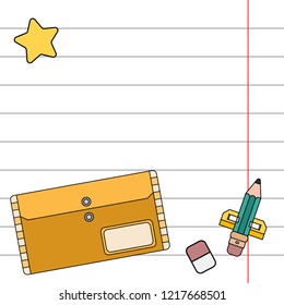 Vector invitation postcard, letter. School notebook sheet, pencil. Imagination, office supplies space rocket, cute astronaut adventure. Holiday paper label. Thematic badge sale design illustration.