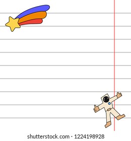Vector invitation postcard, letter. School notebook sheet, pencil. Imagination, office supplies space rocket, cute astronaut adventure. Holiday paper label. Thematic badge sale design illustration.
