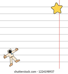Vector invitation postcard, letter. School notebook sheet, pencil. Imagination, office supplies space rocket, cute astronaut adventure. Holiday paper label. Thematic badge sale design illustration.