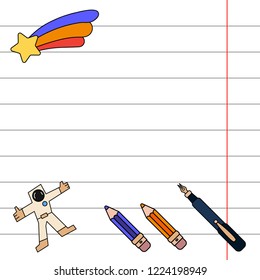 Vector invitation postcard, letter. School notebook sheet, pencil. Imagination, office supplies space rocket, cute astronaut adventure. Holiday paper label. Thematic badge sale design illustration.