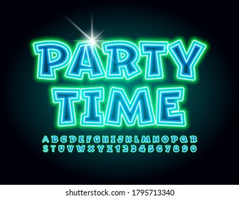 Hora de la fiesta del afiche de la invitación del vector. Neon Gslow Font. Letras y números luminosos de alfabeto eléctrico