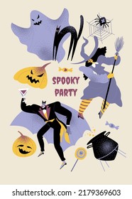 Vector invitation poster for spooky halloween party with funny vampire, witch and ghost in cartoon style