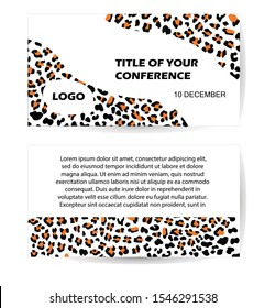 Vector invitation with print leopard. Ecological concept. Fashionable panther print on cards with Safari texture. Conference Invitation Template with Modern lion Pattern for ticket on assembly
