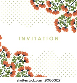 Vector invitation with red flowers and dotes on the white background. Template card with poppy flowers