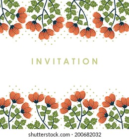 Vector invitation with red flowers and dotes on the white background. Template card with poppy flowers