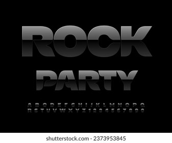 Partido Rock de invitación de vectores. Fuente brillante negra. Conjunto de letras y números de alfabeto elegante
