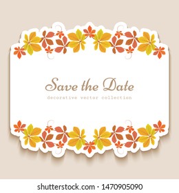 Vector invitation or save the date card with cutout borders of yellow falling leaves, autumn sale label with place for text
