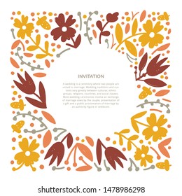 Vector invitation template. Autumn floral greeting card. Frame with hand drawn leaves, flowers and acorns illustration. Vintage border for text. Fall season holiday poster, text space design idea