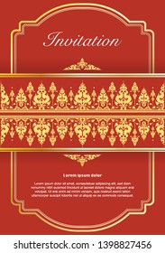 Vector of Invitation template, background and frame border in red and gold tone color. Floral Thai art vintage illustration