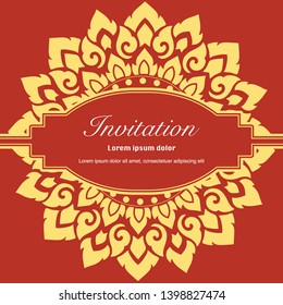 Vector of Invitation template, background and frame border in red and gold tone color. Floral art vintage style illustration in square layout