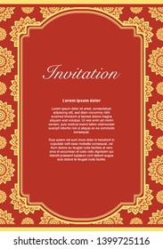 Vector of  Invitation template, background and frame border in red and gold tone color. Floral art vintage style illustration