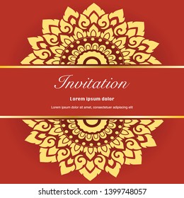 Vector of Invitation template, background and frame border in red and gold tone color. Floral art vintage style illustration in square layout