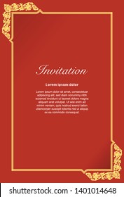 Vector of Invitation template, background and frame border in red and gold tone color. Floral Thai art vintage illustration