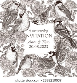 Vector invitation template with birds on a rose and peony bush.  Waxwing, robin, bullfinch, red cardinal, sparrow and blue jay in engraving style
