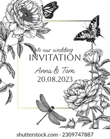 Vector invitation template of a bouquet of peonies flowers surrounded by butterflies in engraving style