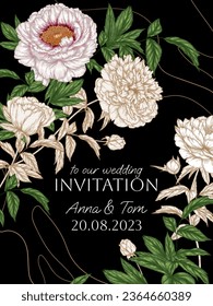 Vector invitation template of a bouquet of peonies flowers in engraving style	