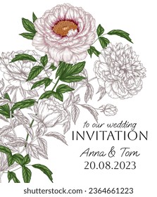 Vector invitation template with a bouquet of peony flowers
