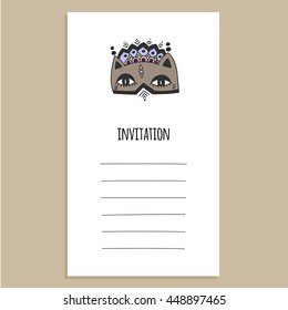 Vector invitation template with cat mask kid's doodle illustration