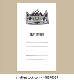 Vector invitation template with cat mask kid's doodle illustration