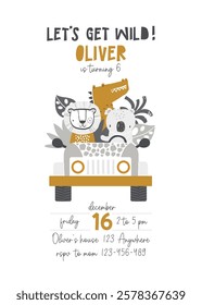 Vector invitation template for children's birthday party. Lion, crocodile, koala riding in safari jeep, tropical leaves. Safari Party. Jungle. African animals. Party for kids. Let's get wild.