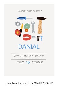 Vector invitation template for children's birthday party with handwork tools. Cute cartoon repair tools. Boy invitation design. 