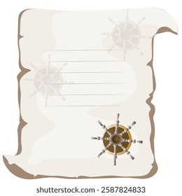 A vector invitation template for a children's or themed party. The background resembles aged parchment with torn edges. Decorated with ship wheels and blank lines for event details. Perfect for pirate