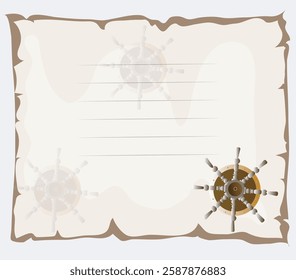 A vector invitation template for a children's or themed party. The background resembles aged parchment with torn edges. Decorated with ship wheels and blank lines for event details. Perfect for pirate