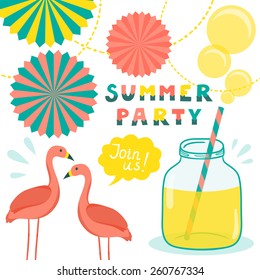 Vector invitation template with flamingos, mason jar with lemonade, bubbles, decorative elements and hand written stylish  text "Summer party. Join us". Vintage funny background.