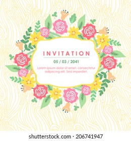 Vector invitation template with floral elements. Bright card with arrangement of flowers, branches and leaves with label for text.