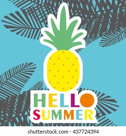 Vector invitation template with funny pineapples, palm leaves.