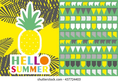 Vector invitation template with funny pineapples, palm leaves.