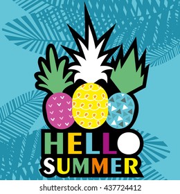 Vector invitation template with funny pineapples, palm leaves.