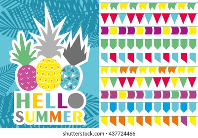 Vector invitation template with funny pineapples, palm leaves.