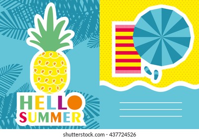 Vector invitation template with funny pineapples, palm leaves.