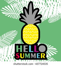 Vector invitation template with funny pineapples, palm leaves.