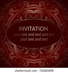 Vector invitation template with golden classic royal ornaments in red and gold. Card layout with rich golden pattern. Template for save the date, banner, brochure, poster.
