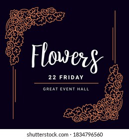 Vector invitation template with golden color floral ornament border and text on dark background