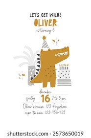 Vector invitation template for kid's birthday party with cute crocodile in a festive cap, cake with candles, confetti, palm tree. Safari Party. Tropical invitation design. African wild animals.