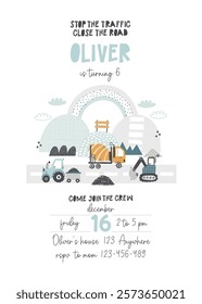 Vector invitation template for kid's birthday party with construction vehicles. Cute cartoon building cars, transportation. Invitation design. Baby boy. Tractor, crane, truck, excavator. Newborn. 