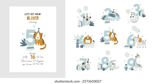 Vector invitation template for kid's birthday party with cute African wild animals. Safari Party. Tropical invitation design. Koala, hippo, sloth, lion, tiger, elephant, toucan, crocodile, giraffe. 