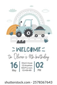 Vector invitation template for kid's birthday party with construction truck, rainbow, mountains. Cute cartoon building cars, transportation. Invitation design. Baby boy. Tractor. Newborn. 