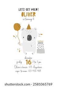 Vector invitation template for kid's birthday party with cute koala in a festive cap, balloon, cake, confetti. Safari Party. Tropical invitation design. African wild animals. Jungle friends. 