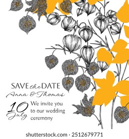 Vector invitation template. Physalis branch in engraving style