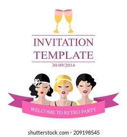 Vector invitation template to the retro party with flapper girls in flat style