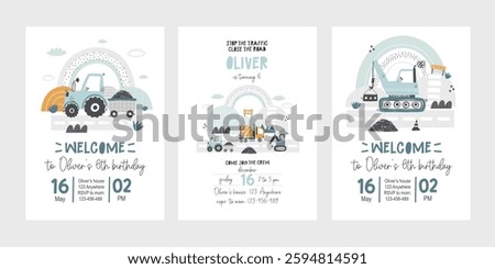 Vector invitation template set kid's birthday party with construction truck, rainbow, mountains. Cute cartoon building cars, transportation. Invitation design. Baby boy. Tractor. Newborn.